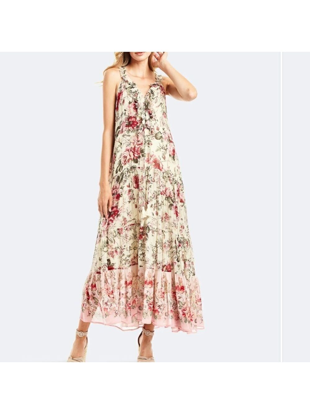Floral Ruffle Maxi Dress in Cream and Pink